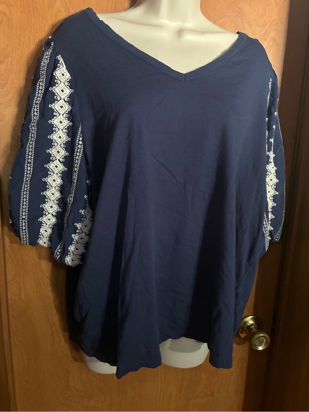 Women's Navy V-Neck Embroidered Sleeve Top